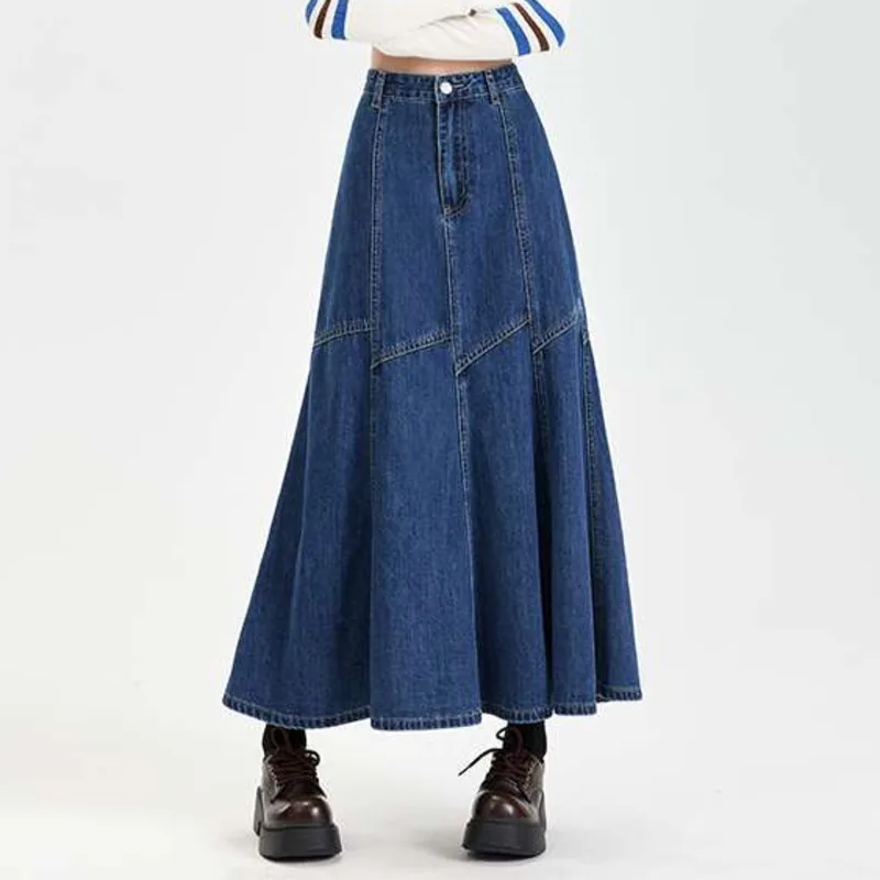 ANJY Spring Autumn New Women Washed Vintage Fashion Patchwork Denim Skirt Elegant Stylish A-Line High Street Long Skirts A22666