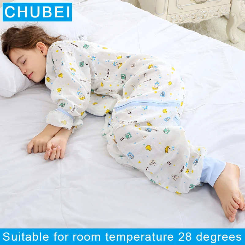 Summer Cartoon Children's Jumpsuit Pajamas Gauze Split Leg Sleepsack Warm Thick Cloth Jumpsuit Sleeping Bags Temperature 27℃