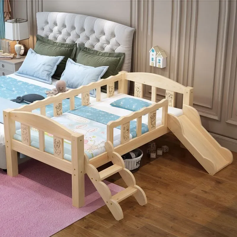 for Solid Wood Crib Children Bed with Guardrail Fence Splicing Large Wide Boys Girls Small Bed Slide Bed