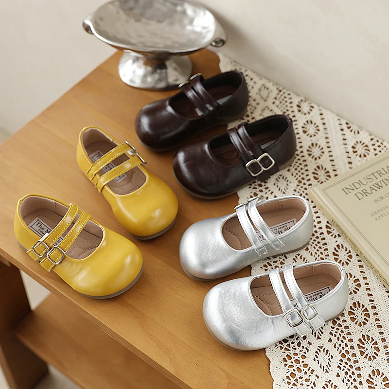 

Kids'Casual Shoes Round Toe Shoes PU Leather Spring For Girls Anti-slip Hook and Loop Silver Yellow Shoes Size 23-34