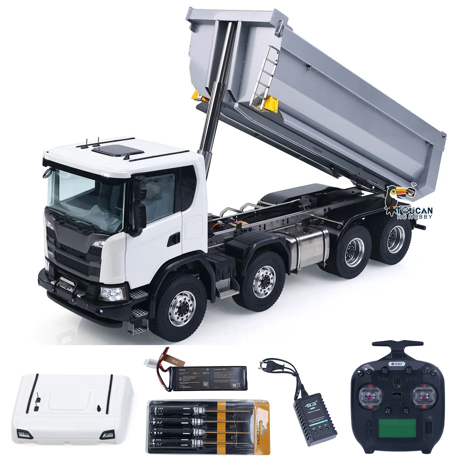 

1/14 8x8 RC Hydraulic Dump Truck Remote Control Tipper Car Metal Gearbox Chassis Cars Model Openable Door Lights Sounds System