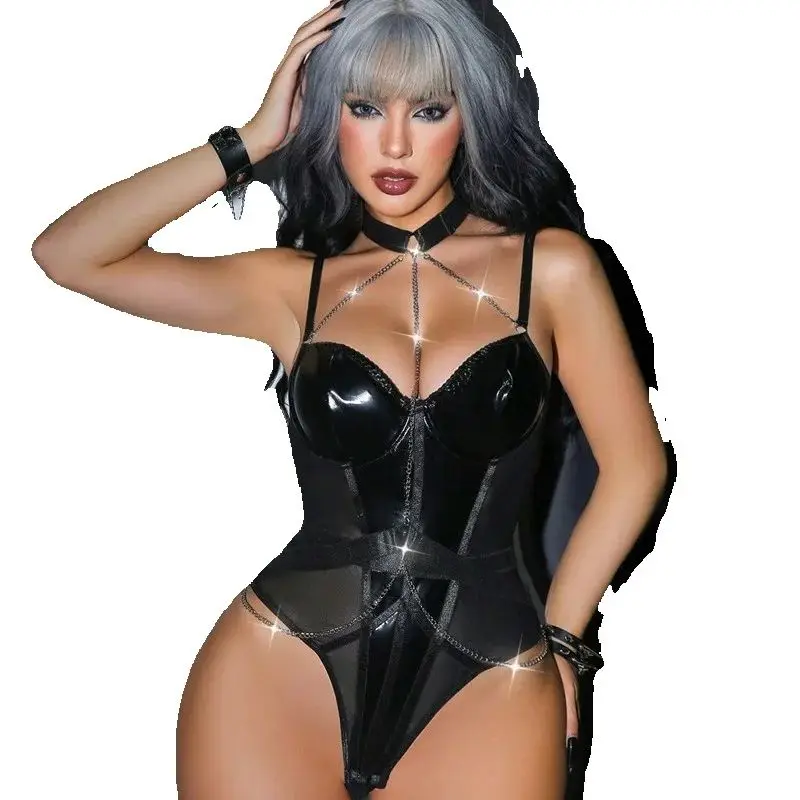 

Wholesale Women's Sexy Front Strap PU Lingerie Underwear Night Club Spicy PU Bodysuit Long Sleeve Cool Girl Outfits