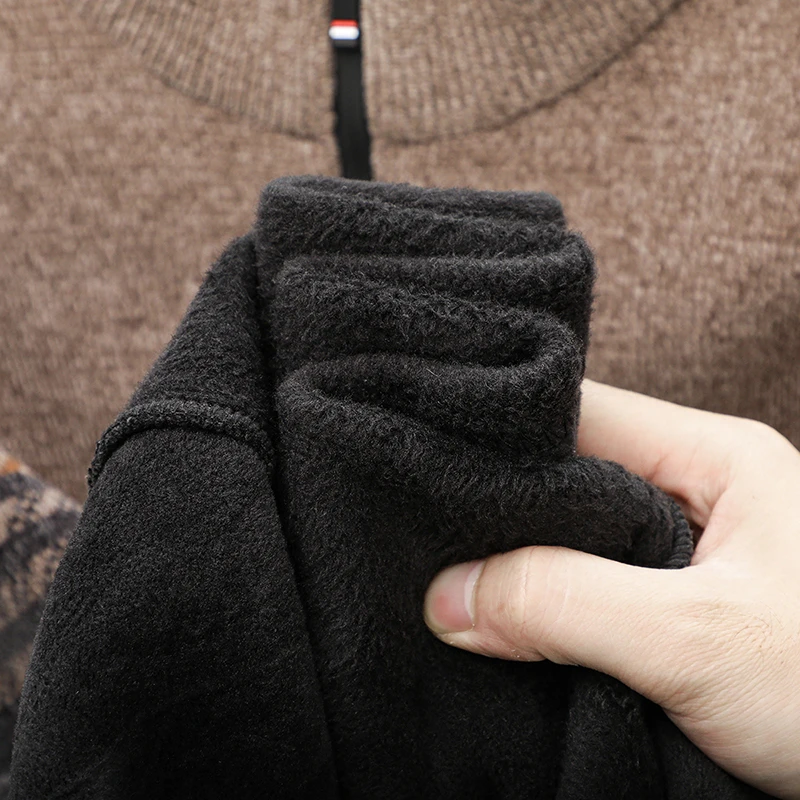 Luxury Man Long-Sleeved Knitwear Mock Neck Zipper Fleece-Lined Thickened Warm Stripe Autumn Winter New Pullover Leisure MensWear