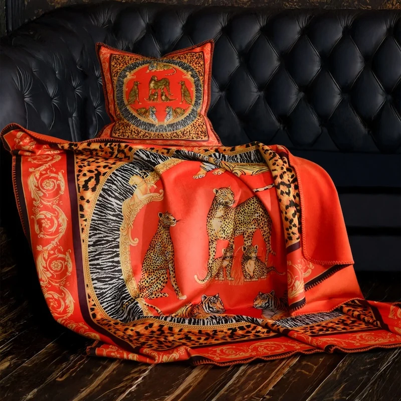 Luxury Leopard Print Throw Blanket & Pillow Cover Set | Exotic Animal Pattern Satin Blanket | High-End Baroque Style Sofa Decor