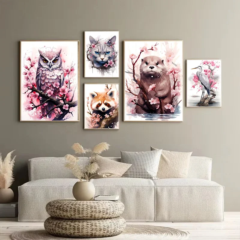 Multiple sizes 1pc frameless Canvas Painting,Sakura Animals Poster Prints Otter Owl Cat Panda Highland Cow Heron Canvas Painting