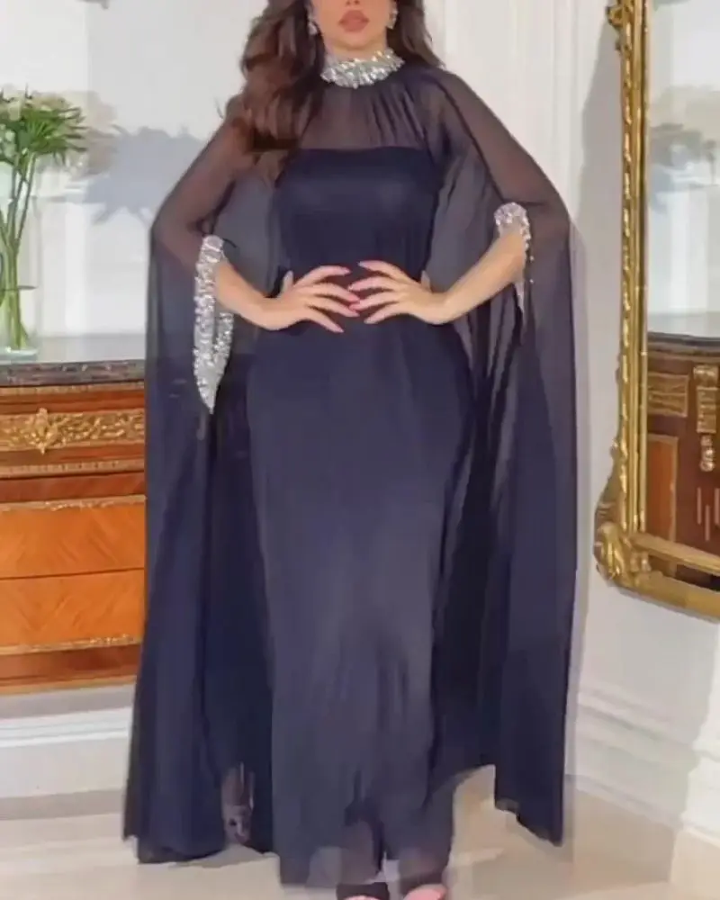 Women Chiffon Banquet Evening Dress Two-piece Set Muslim Sets Women Dubai Abaya Sexy Caped Bead Kaftan Clothes for Muslim Women