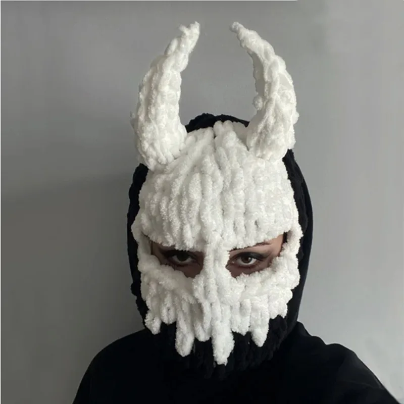 2022 New Halloween Unisex Knitted Balaclava Hat Devil\'s Horn Winter Warm Adult Party Funny Beanies Cap Handmade Bonnet