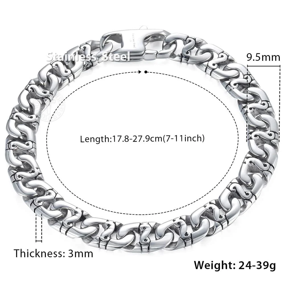 9.5mm Men\'s Biker Bracelet Silver Color 316L Stainless Steel Marina Link Chain Bracelets for Women Wholesale Jewelry HB19