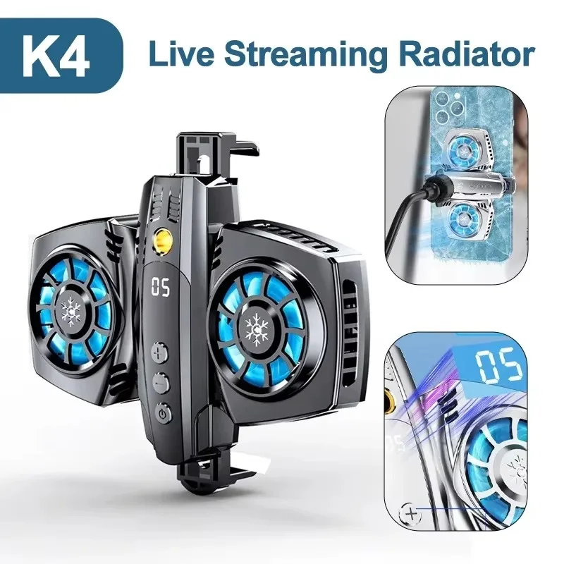 

K4 NEW Mobile Phone Cooler Semiconductor Turbo Hurricane Dual Cooling Fan Radiator for IOS Android Live Streaming Cool Heat Sink