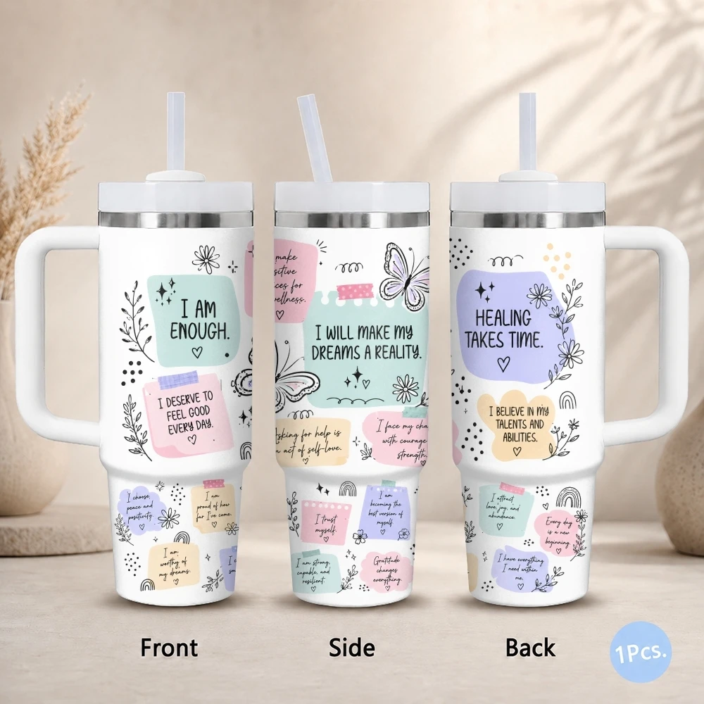 Positive Motivational Quote Vacuum Flasks 40oz Stainless Steel Insulated Tumbler with Handle Straw Lid Leakproof Travel Mug
