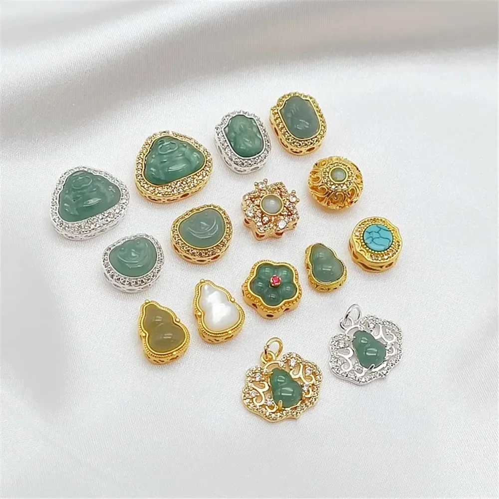 

Natural Jade Full Zirconium PI Xiu Buddha God Gourd Lock Ruyi Peach Blossom Bead Diy Bracelet, Necklace Accessory