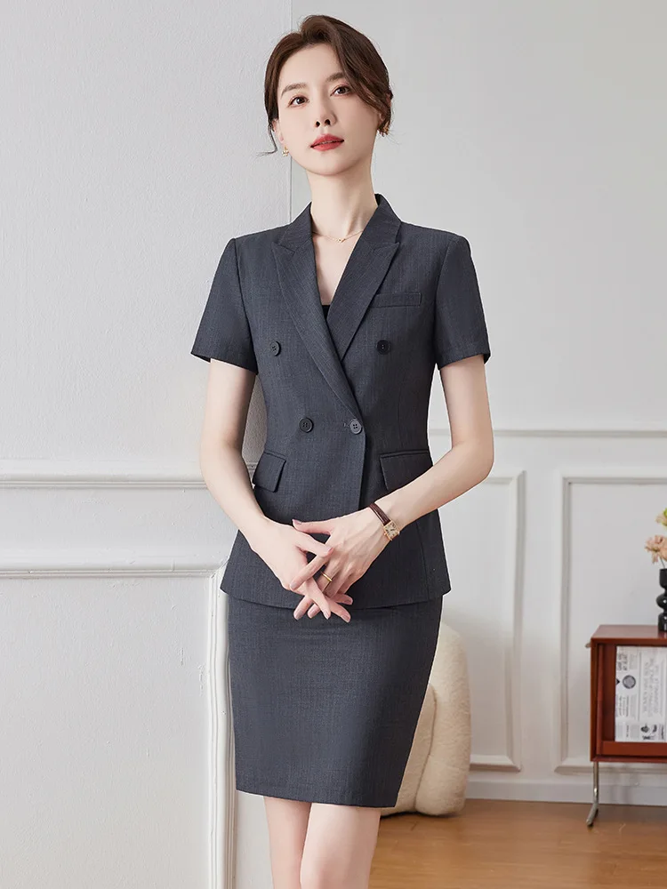 Short-sleeved dark gray suit for women, summer professional attire for jewelry stores, gold shops, hotel front desk workwear