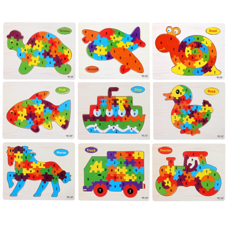 

Kids Intelligence Baby Toy Wood Puzzles Cognition English Letter Building Wooden Animal Jigsaw Puzzle Toys for Children Toddler