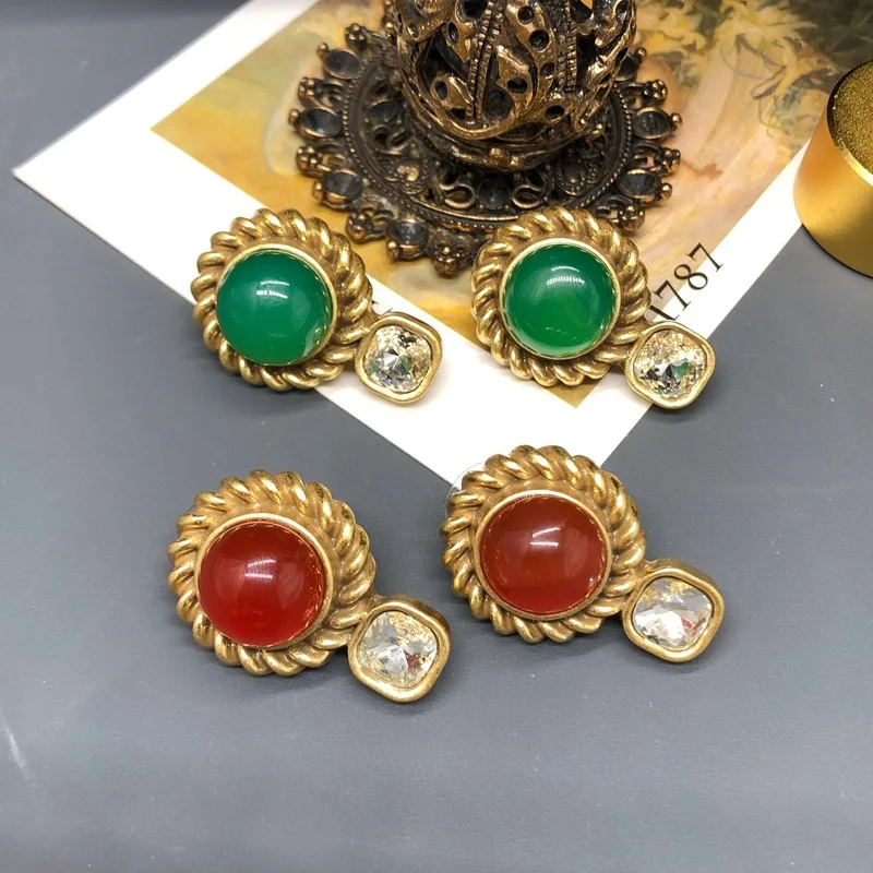 

European and American retro vintage red green agate simple temperament earrings