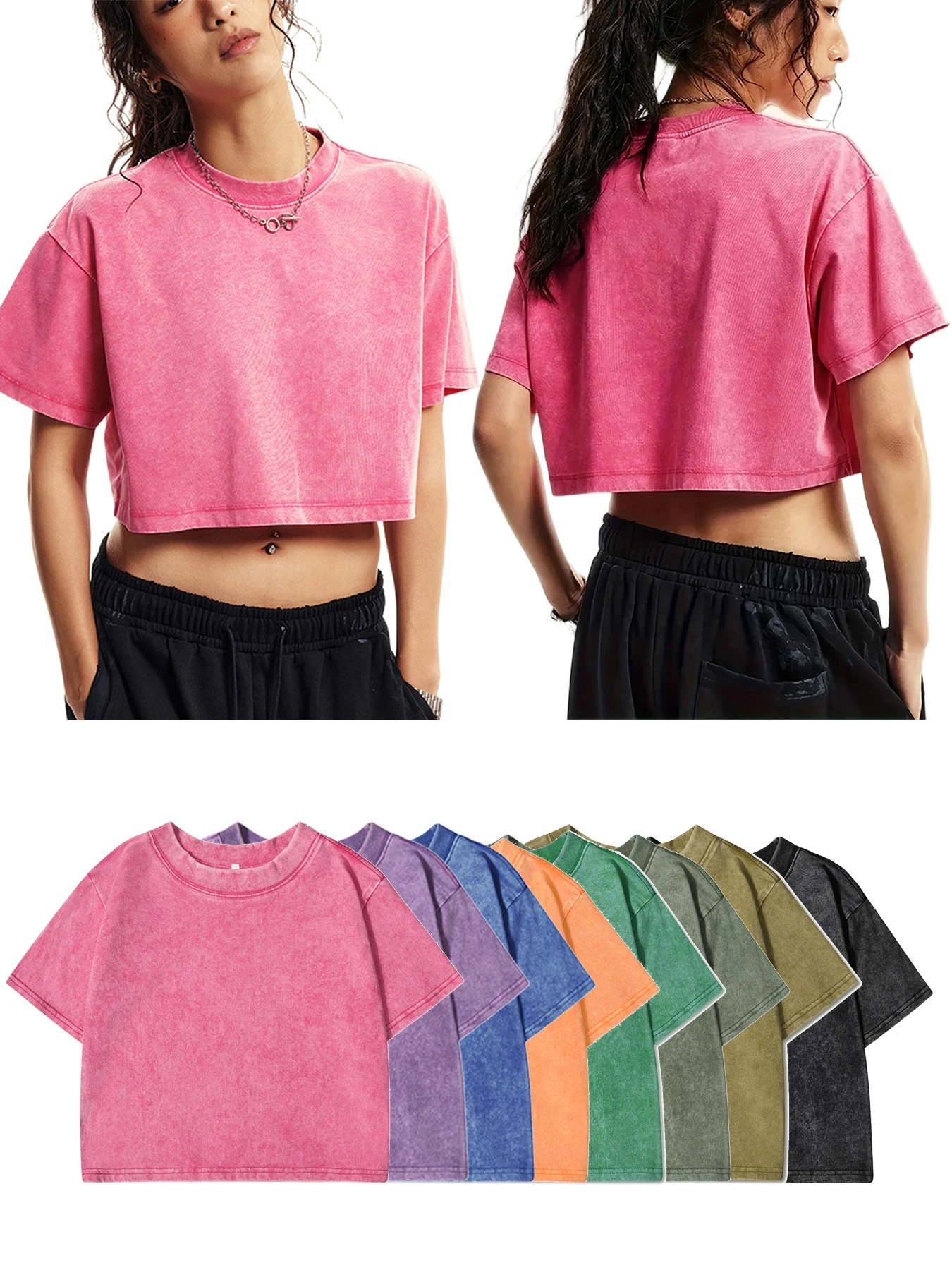 Sommer Solide Baumwolle Gewaschen T-Shirts Für Frauen Lose Oansatz Y2k Crop Tops Straße Weibliche Kleidung Casual Vintage Kurzarm Tees