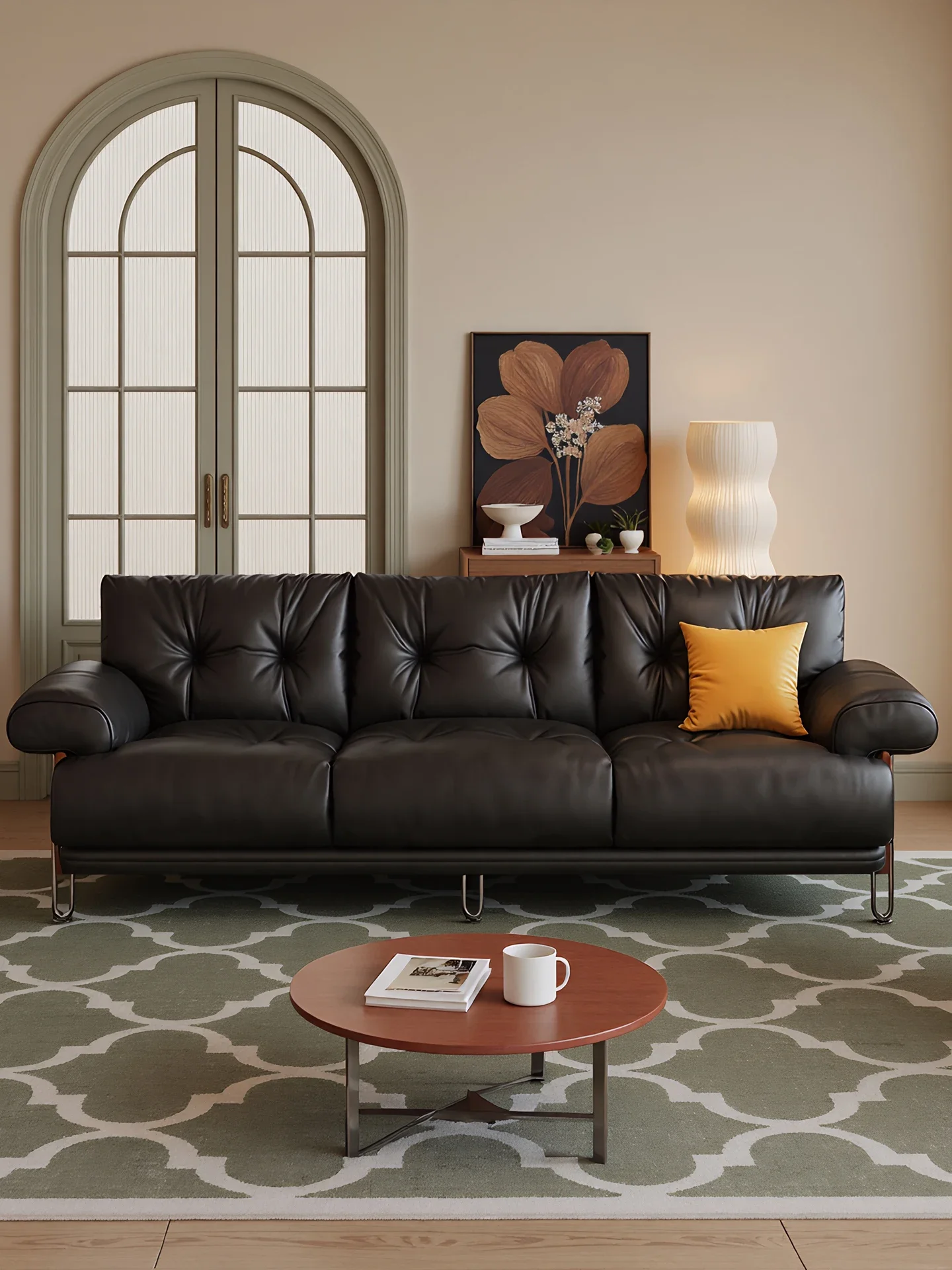 French retro leather sofa small apartment medieval Italian minimalist Bauhaus straight black oil wax leather semi-green leather