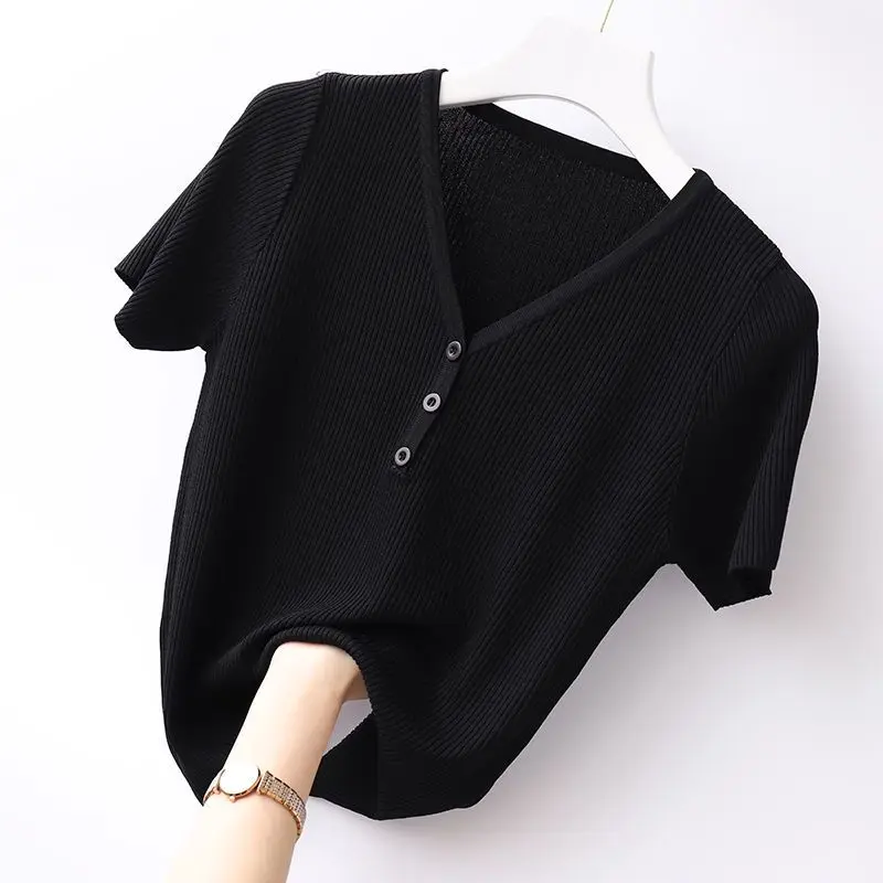 Spring Summer New T-shirt Women\'s Short-sleeved Korean V-neck Slim Fitting Solid Color Fashion Ice Silk Bottom Knitting Tops