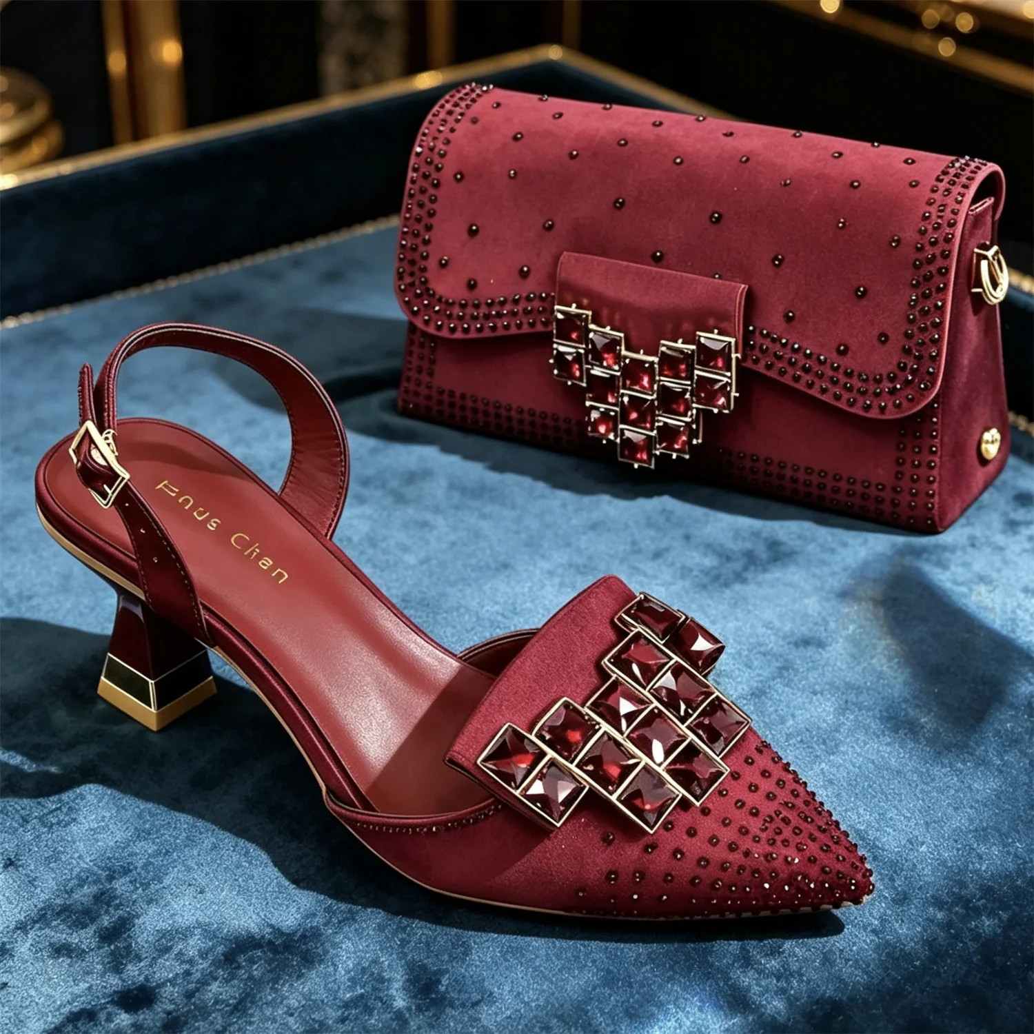 Women's Elegant Rhinestone Matching Shoe and Handbag Set Low Heel Pointed Toe Slingback Party Wedding Formal Purse