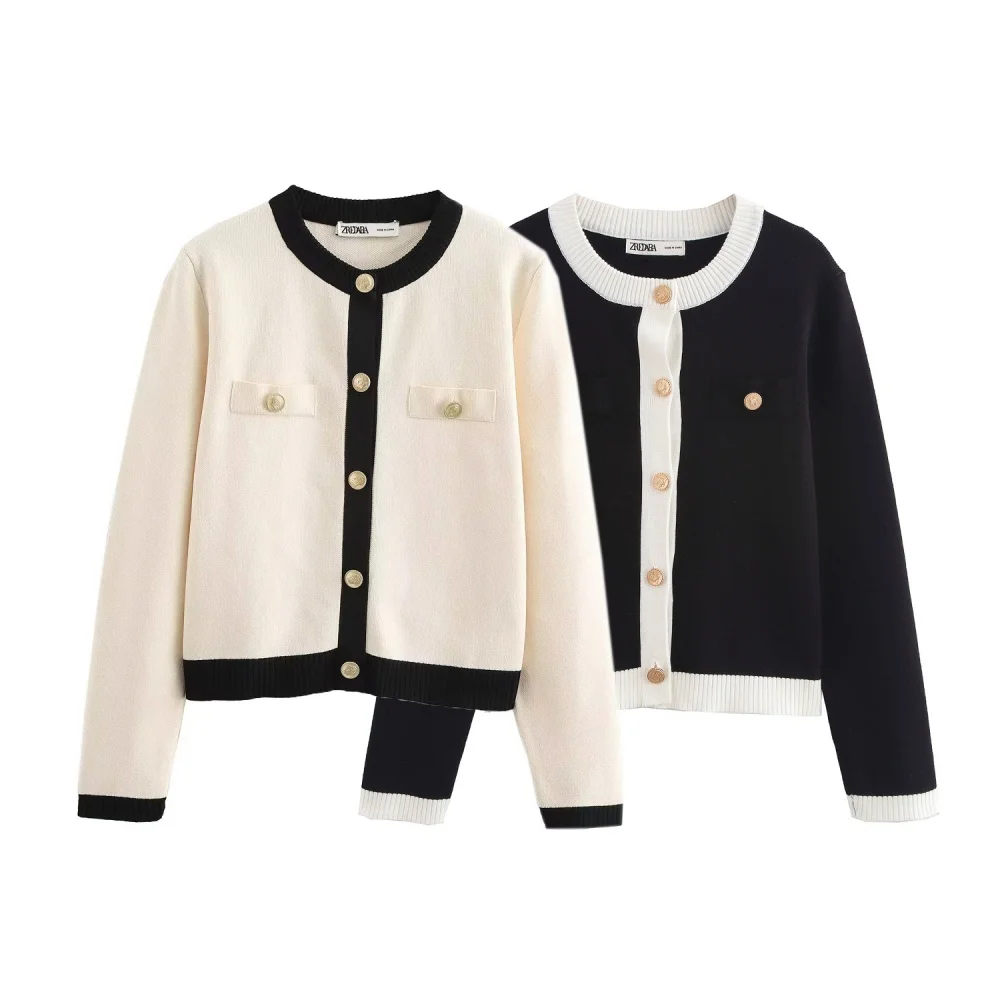 

Women's seam loose top round neck long sleeved patchwork button knit spring and autumn new style temperament jacket