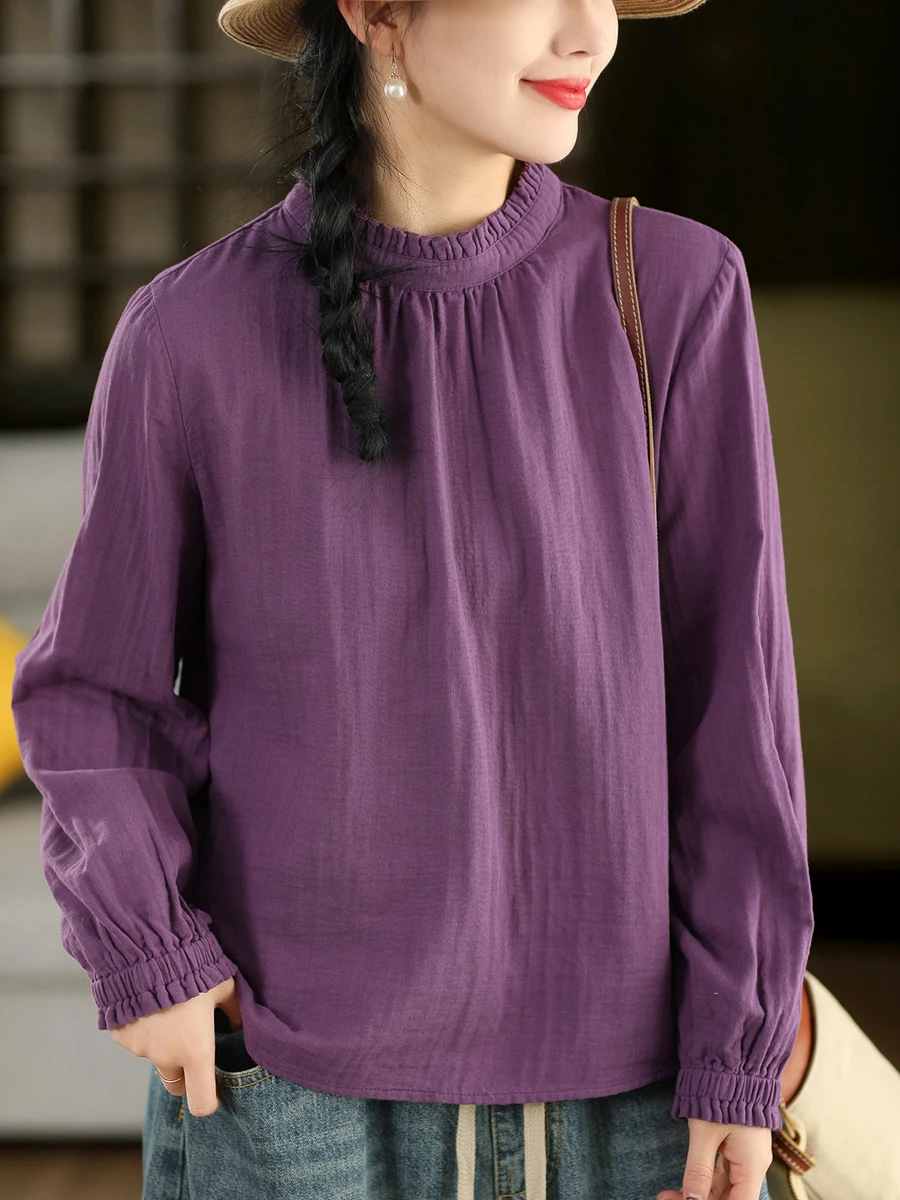 

Retro 00% Cotton Women's irt Garden Beau Artistic Sle Long Sve Overhead Ear Musoom Collar Loose Fit Premium Quali