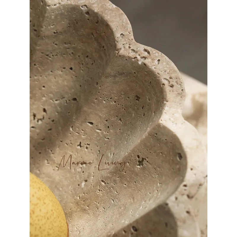 Large Travertine Serving Tray Decorative Ruffle Marble Fruit Bowl for Kitchen Counter and Living Room