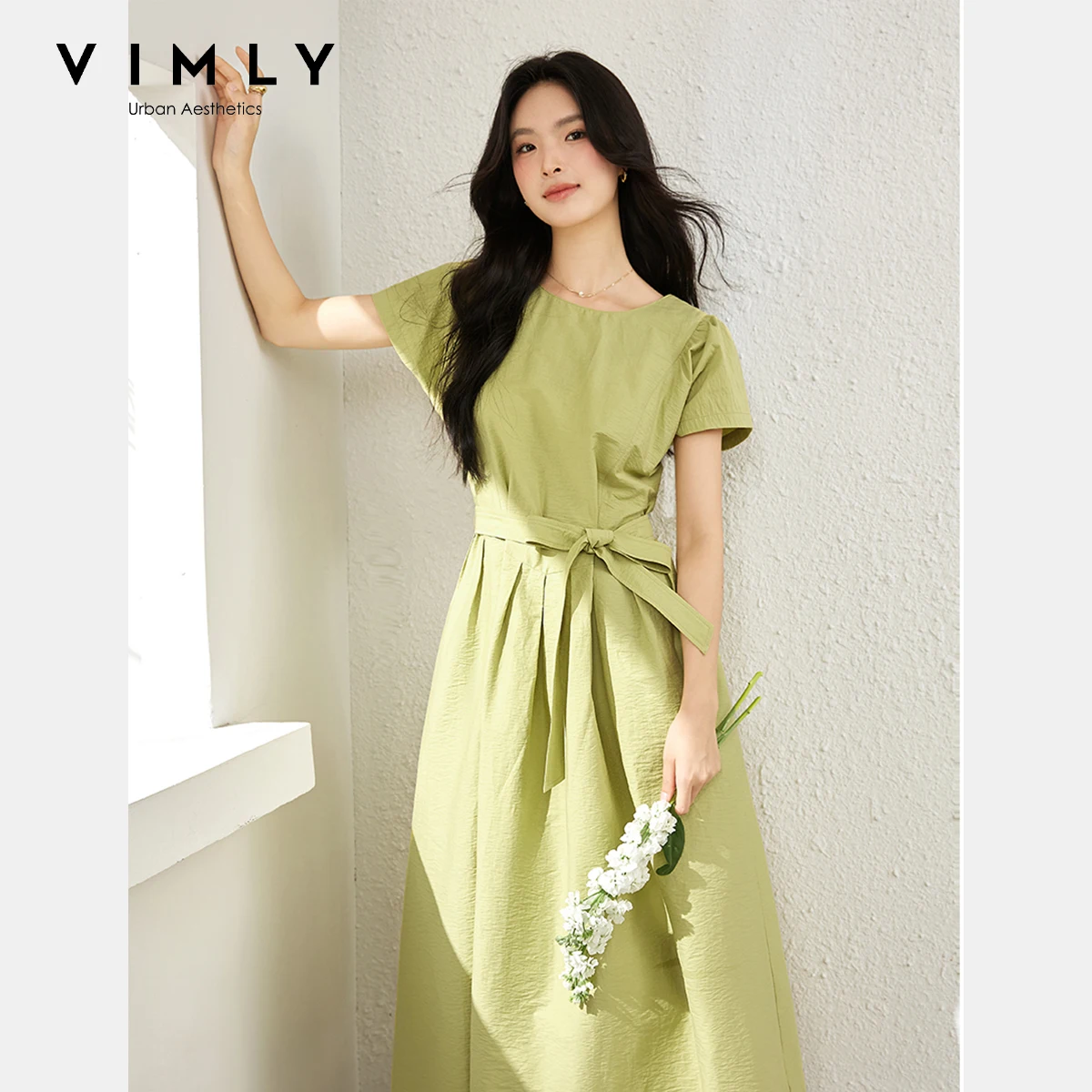 VIMLY Women's Long Dress Summer 2025 Casual Green Pleated Wearing V-neck Puff Sleeve Straight Dresses Clothing Female A1901