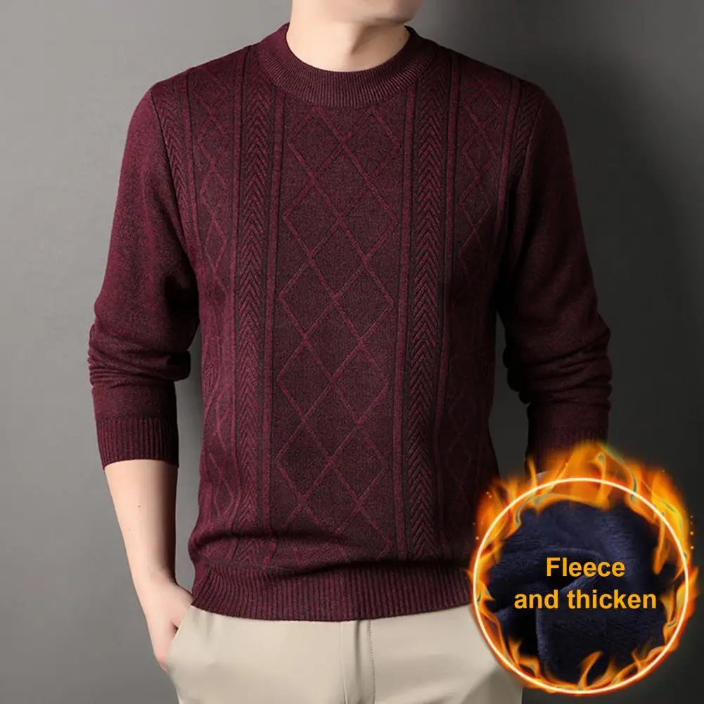 Men Crewneck Sweater Cozy Knitted Sweater for Fall Winter Round Neck Long Sleeves Solid Color Thick Stretchy Loose Fit for Wear