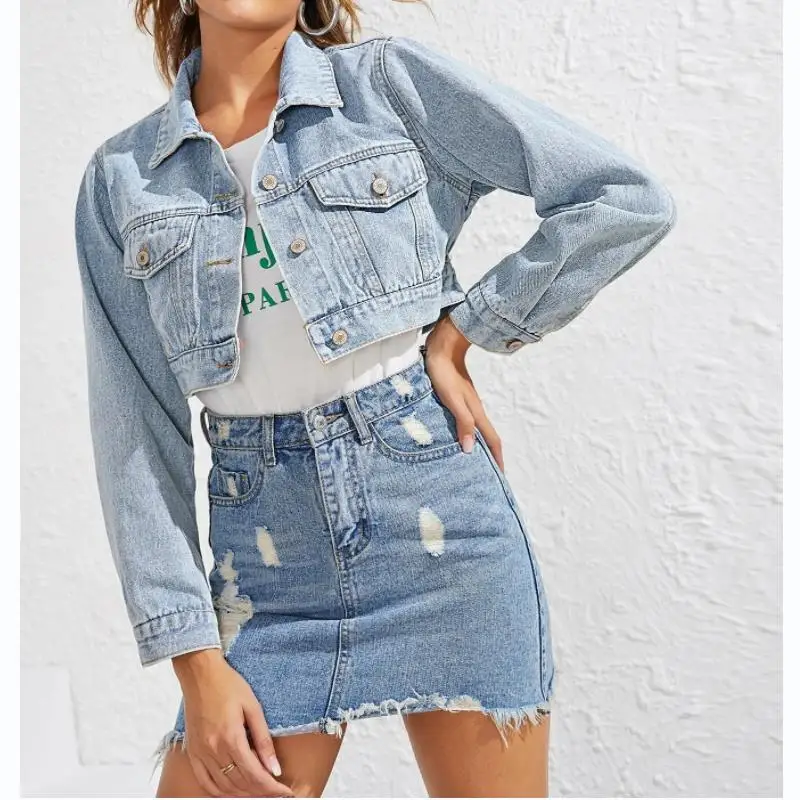 Damen Frühling Herbst lässig Jeans mäntel Langarm Knopf kurz geschnittene Jeans modische einreihige zerrissene Jacken