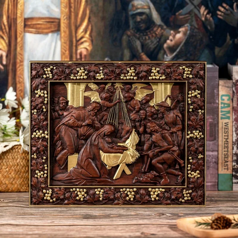 High Quality Vintage Wooden Religious Mural Nativity Scener Birth of Jesus Home Wall Decoration