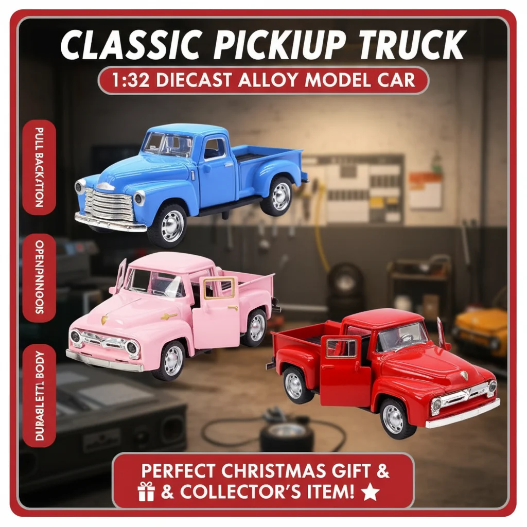 

Машинка-игрушка 1:32: Классический пикап из литого сплава, модель с инерционным механизмом, рождественский подарок для детей и коллекционеров