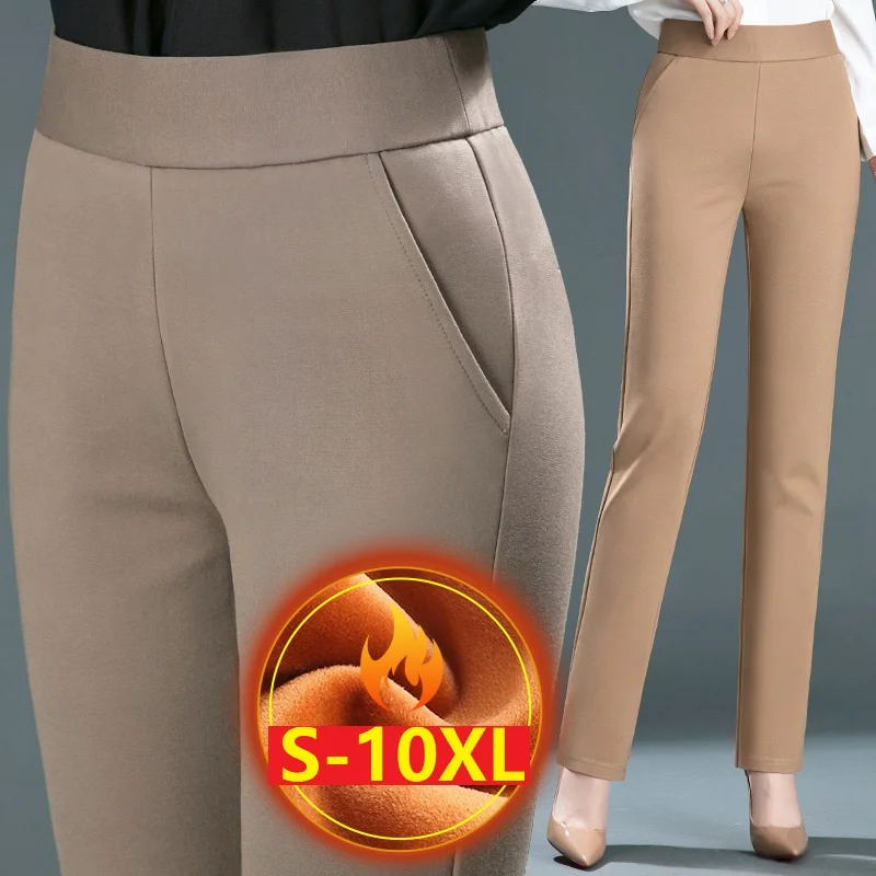 

SizeS-10XL Middle-aged Women Trousers Winter Velvet Warm Long Pants Mother Stretch High Waist Casual Pants Female Straight Pants