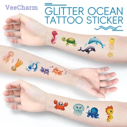 VeeCharm - Tatuajes temporales de animales del océano para niños, estrella de mar, medusas, baby shower, relleno de bolsas de regalos de cumpleaños, hoja de 1/12