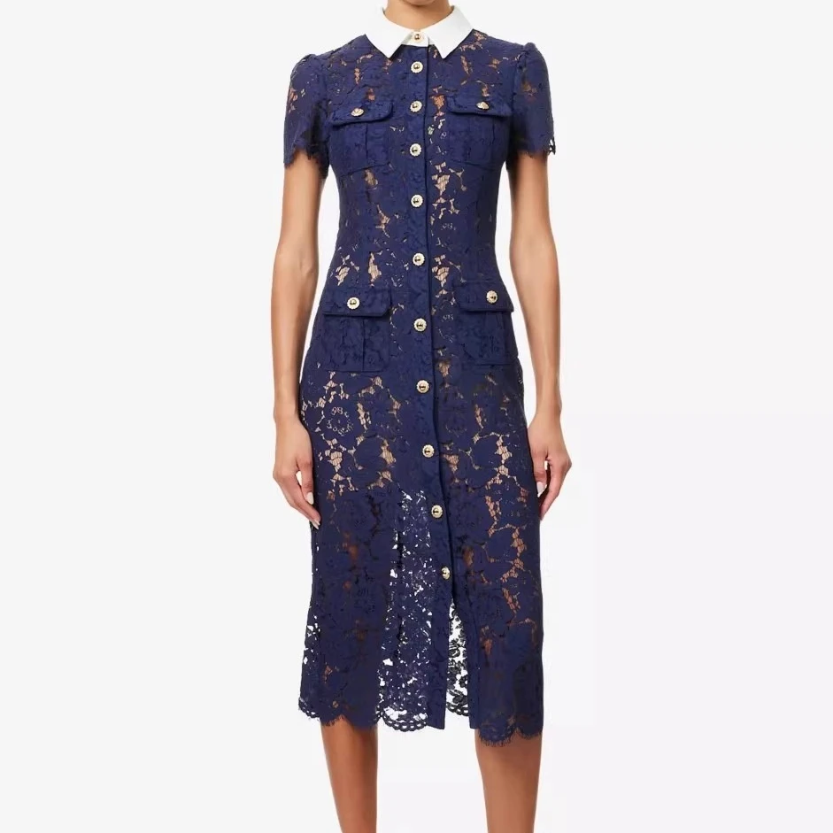 Abito in pizzo blu scuro da donna elegante con fasce manica corta abbigliamento vintage da donna abiti chic monopetto aderenti