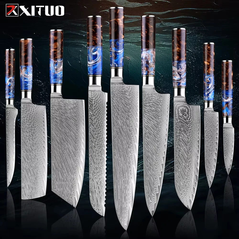 

Kitchen Knives Set 1-9 PCS Sharp Chef Knife Santoku Knife Boning Knife Cooking Tools Damascus Steel Blade Cut Meat Bread Fruit
