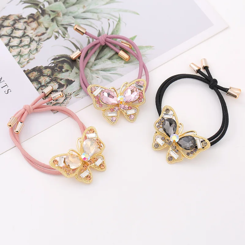 New Fashion Korean Style Alloy Rhinestone Butterfly  High Elasticity Rubber Band Hair Rope For Girl Women Summer Ponytail Tie