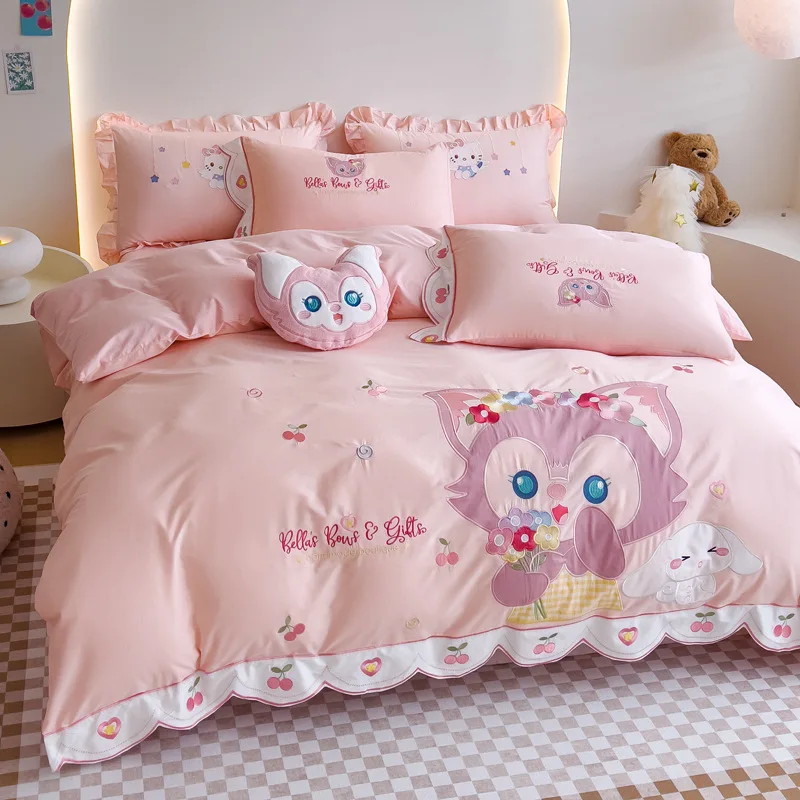 Disney 100% Cotton Embroidery Bedding Set Linabell Duvet Cover Bed Sheet Pillowcase Child Girl King Queen Twin Size Home Textile