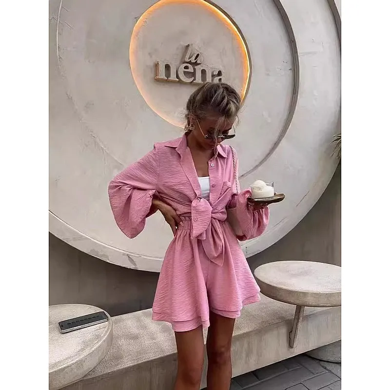 

Summer Women Matching Set Long Sleeve Blouse Top Ruffle Shorts Casual Outfit Suit Jumpsuit Playsuit