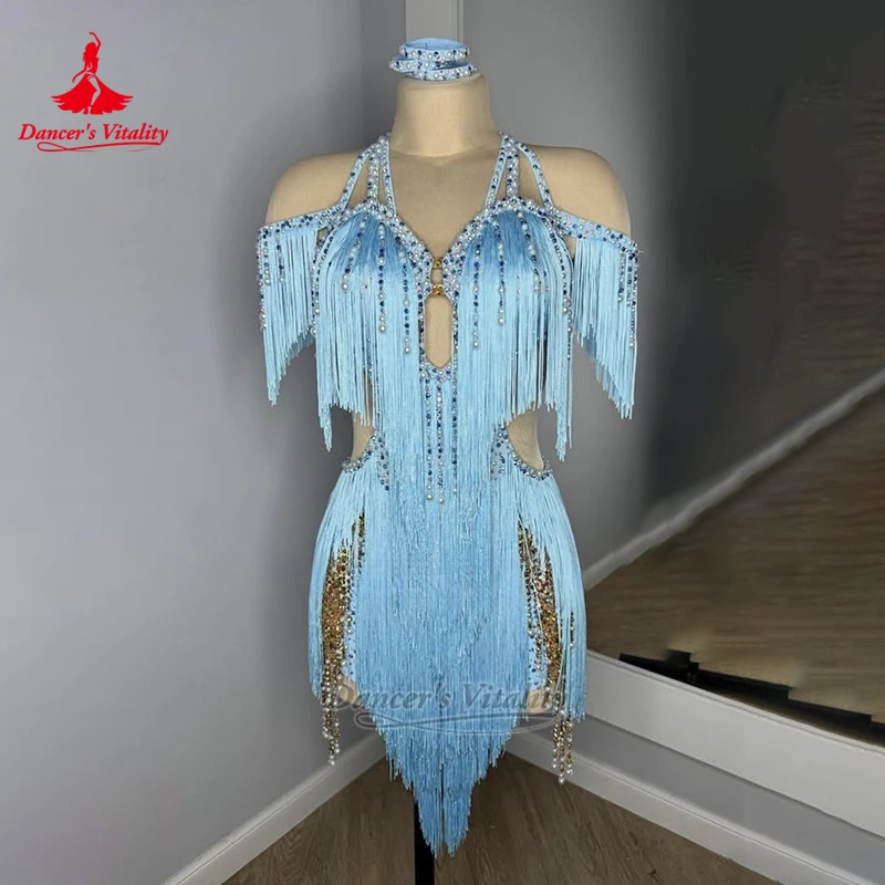 성인용 라틴 AB 스톤 백리스 태슬 드레스 럭셔리 맞춤형 댄서의 활력 차차 삼바 살사 공연&대회 의상