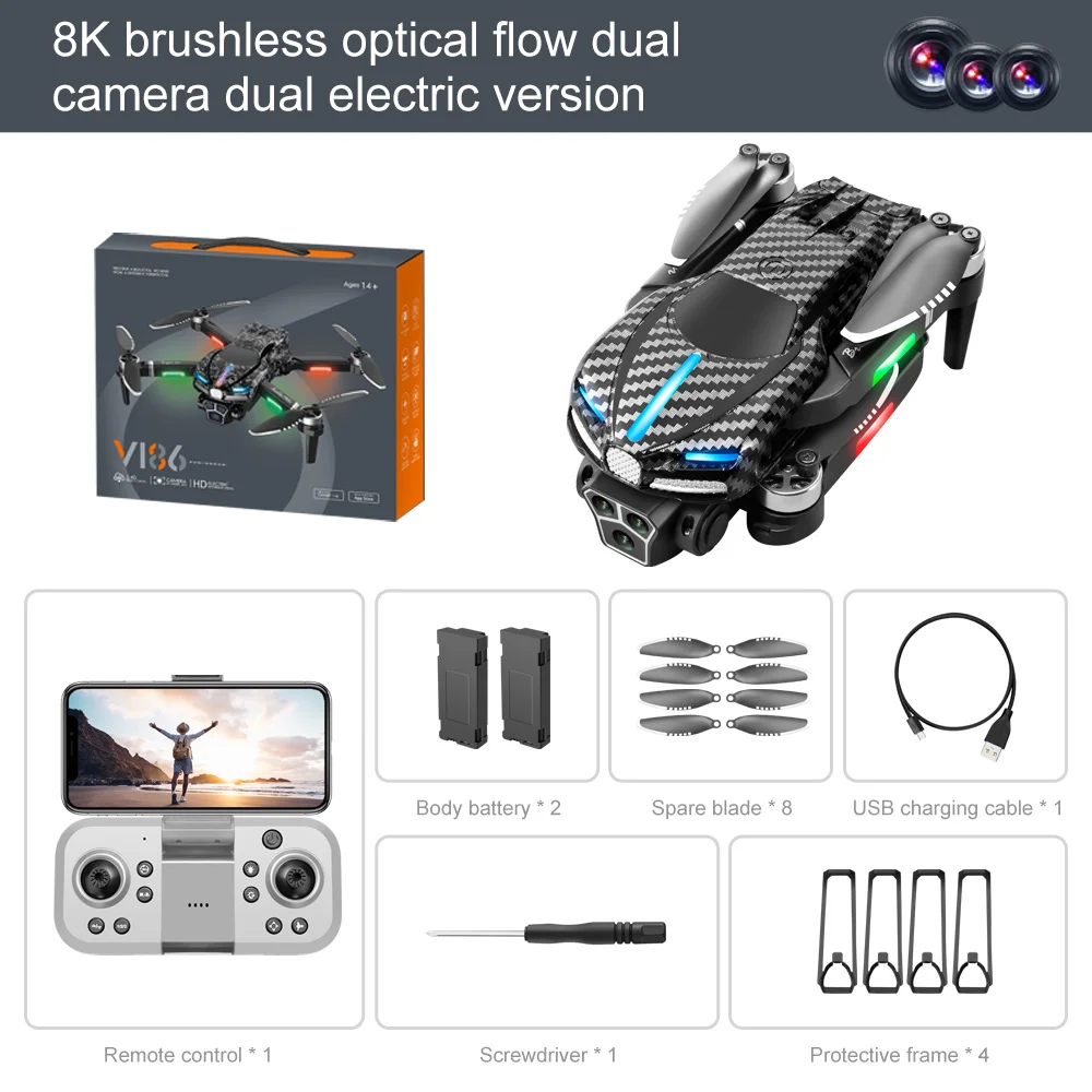 V186 Drone WIFI FPV Brushless Motor Optical flow localization 360° Laser Obstacle Avoidance 4K HD Three Camera RC Quadcopter Toy