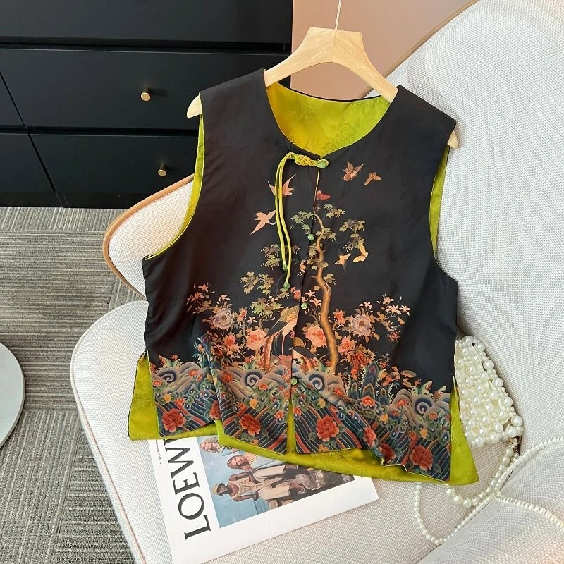 New Chinese Retro National Style Disk Buckle Vest 2024 Spring/Summer New Literary Jacquard Charm Vest Vintage Floral Vest