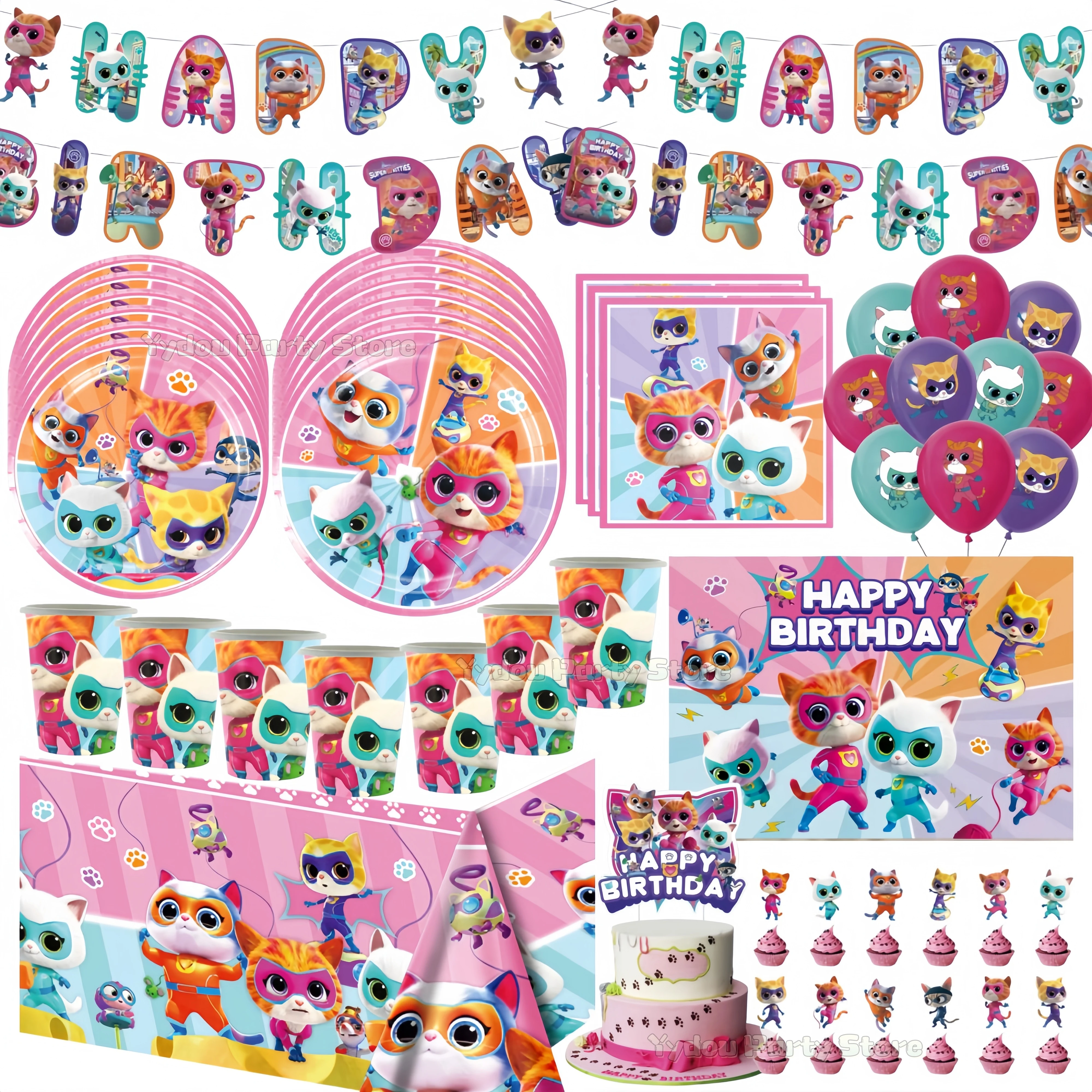 Superkitties Birthday Party Decorations Paw Meow Cat Tableware Balloons Tablecloth Plate Cup Gift Kid Party Supplies Baby Shower