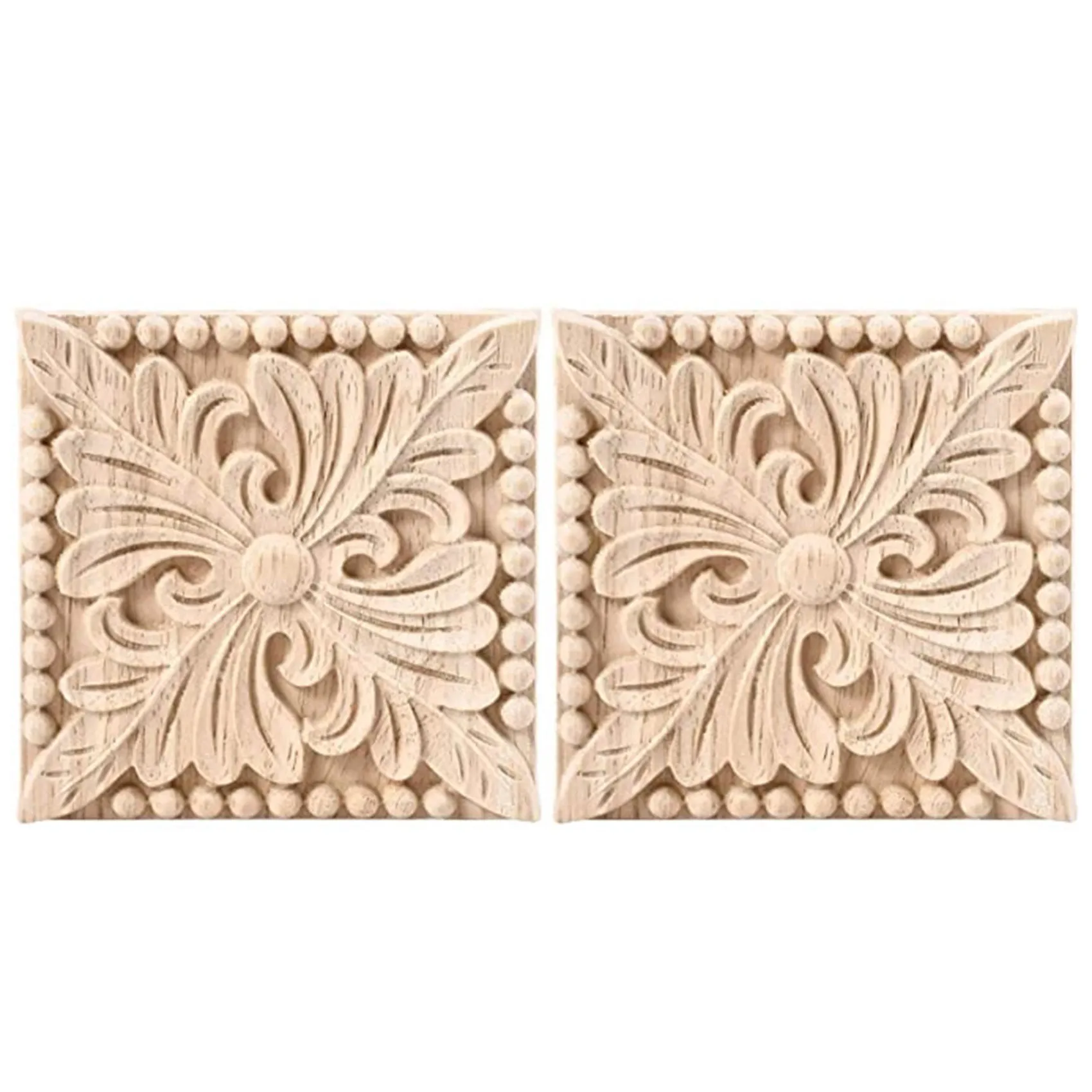 ABRE-2 Pack Wood Carved Applique Onlay Square Carving Decal Unpainted Flower Door Cabinet Furniture Decoration 3.94X3.94Inch
