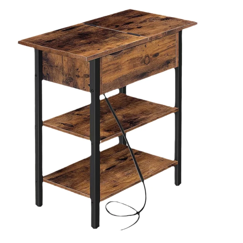 

American retro with power socket multifunctional bedroom bedside table sofa edge a few iron and wood combined edges