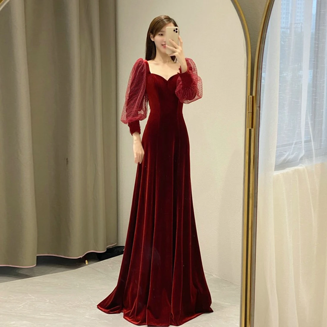 Velvet Prom Dress A-line Floor-length Gown with Sleeves Prom Dresses Customized