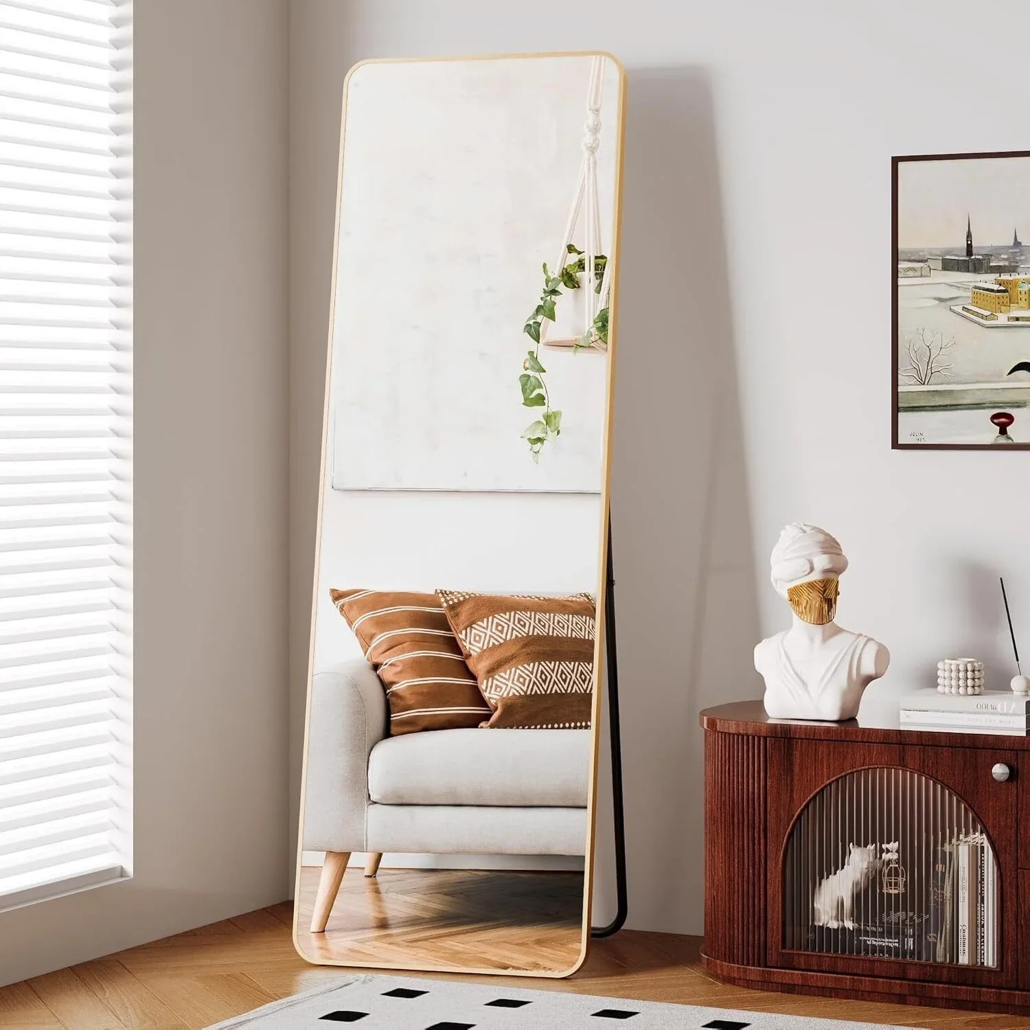 مرآة كاملة الطول 162 × 53 سم مرآة لكامل الجسم مستطيلة قائمة بذاتها مثبتة على الحائط مرايا أرضية معلقة، أسود/ذهبي #4