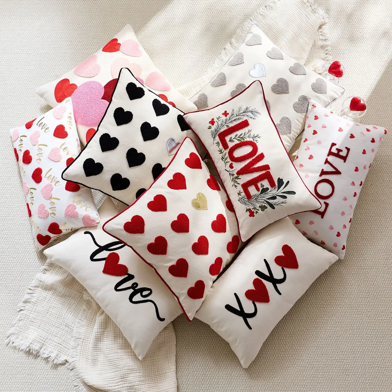 

Valentine's Day Heart Tufted Cushion Cover Couple Festive LOVE Embroidered Pillow Cover Red Pink Wedding Party Home Decor