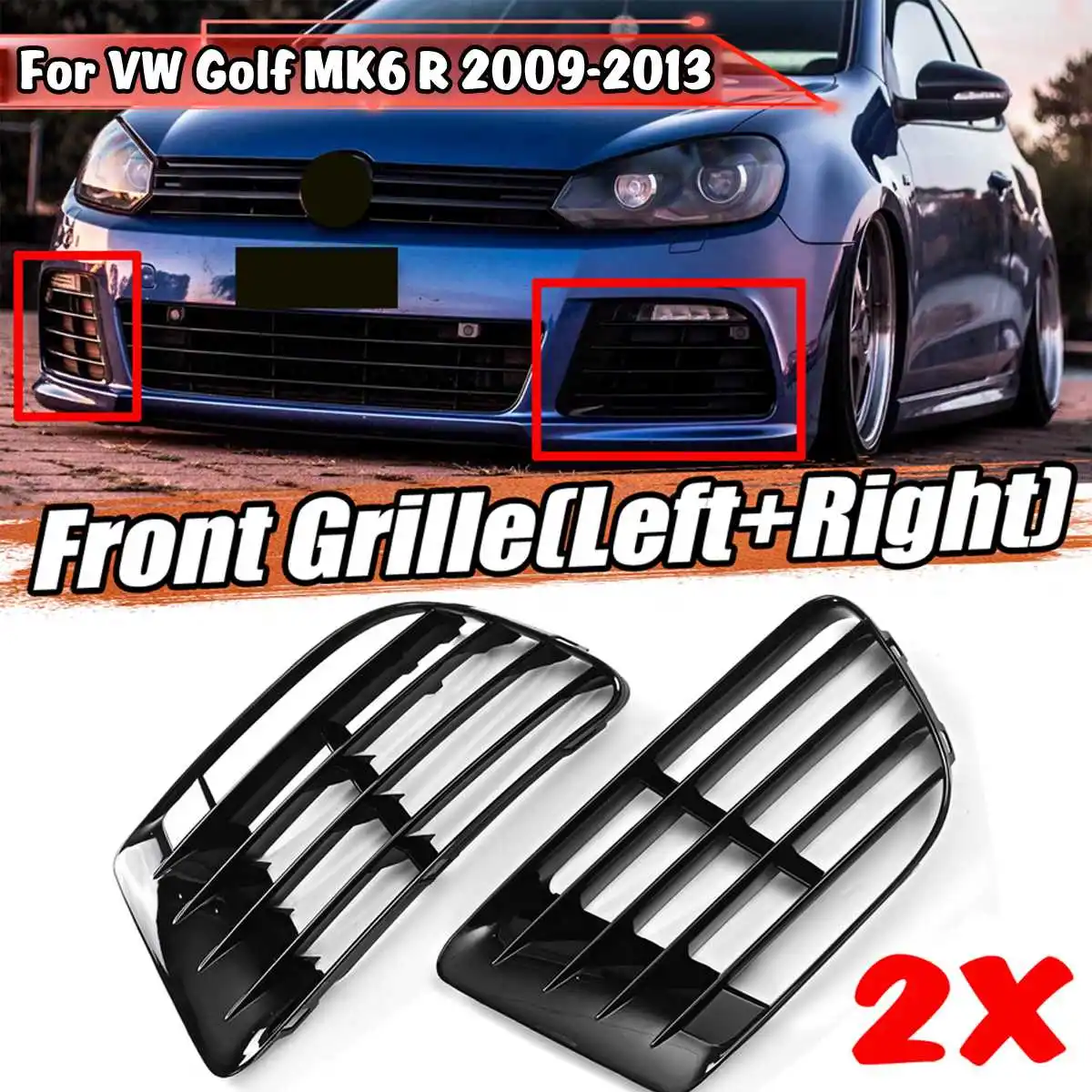 Glossy Black 2pcs Car Front Fog Light Grille Lower Bumper Grill Cover Trim For VW For Golf MK6 R 2009-2013 5K0853665E 5K0853666E