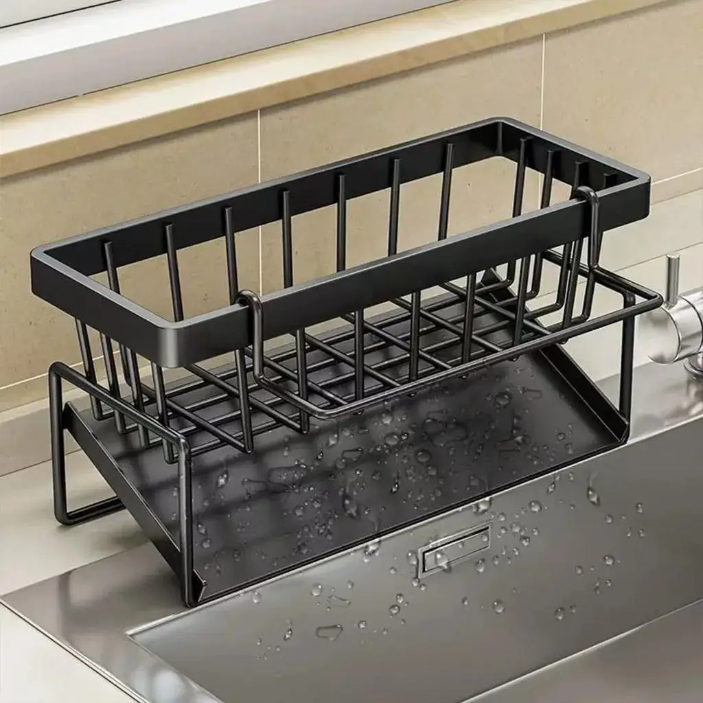 Corner Sink Organizer Dish Drainer No-Drill Kitchen Caddy Multi-Tier Drying Rack Space-Saving Sponge Cleaning Tool Holder