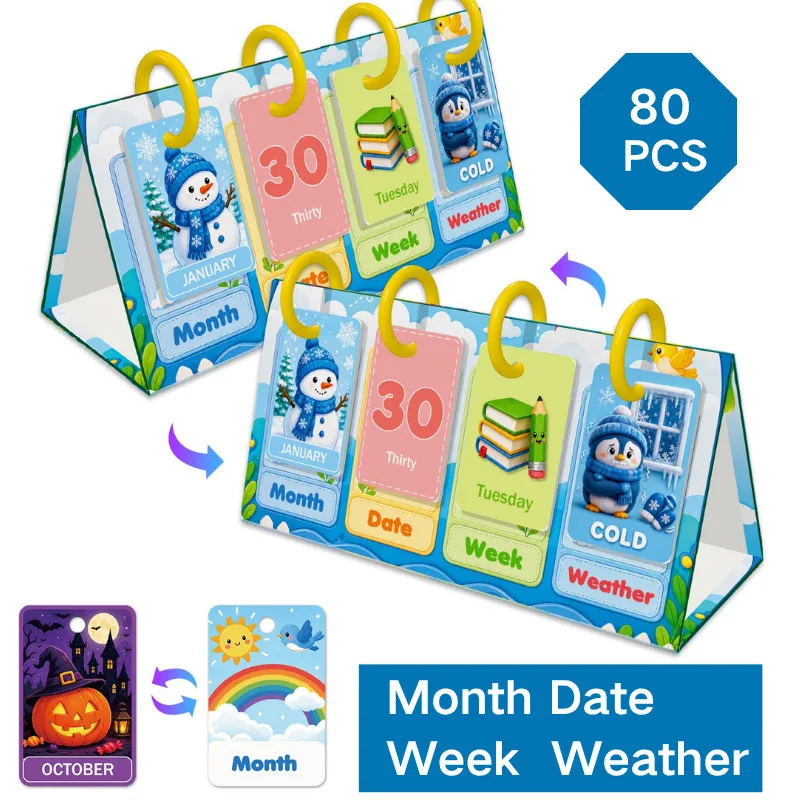 80Pcs Month Date Week Weather Educational Cognitive Cards for Kids Children Language Development Vocabulary English Flashcards