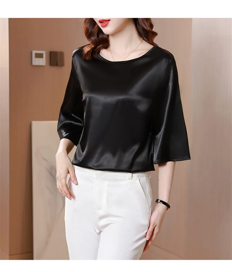 2026 Spring and Autumn New All-match O-neck Three-quarter Flared Sleeve Acetate Satin Blouse tops Basic Simple Ice Silk Shirts